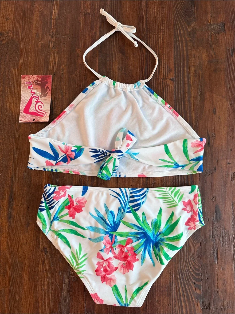 Kanu Surf Girls White Tropical Floral High Neck Bikini, 2-Piece Swimsuit Size 14